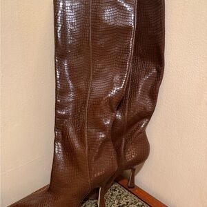 Stuart Weitzman size 10 brown crocodile embossed leather boots.